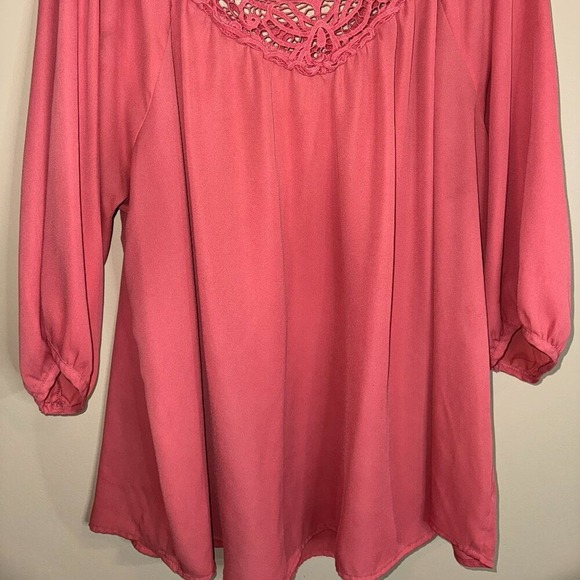 Crochet Neckline Pink Tunic Top Blouse Casual Summer Boho 3/4 Sleeve Womens - Picture 3 of 7